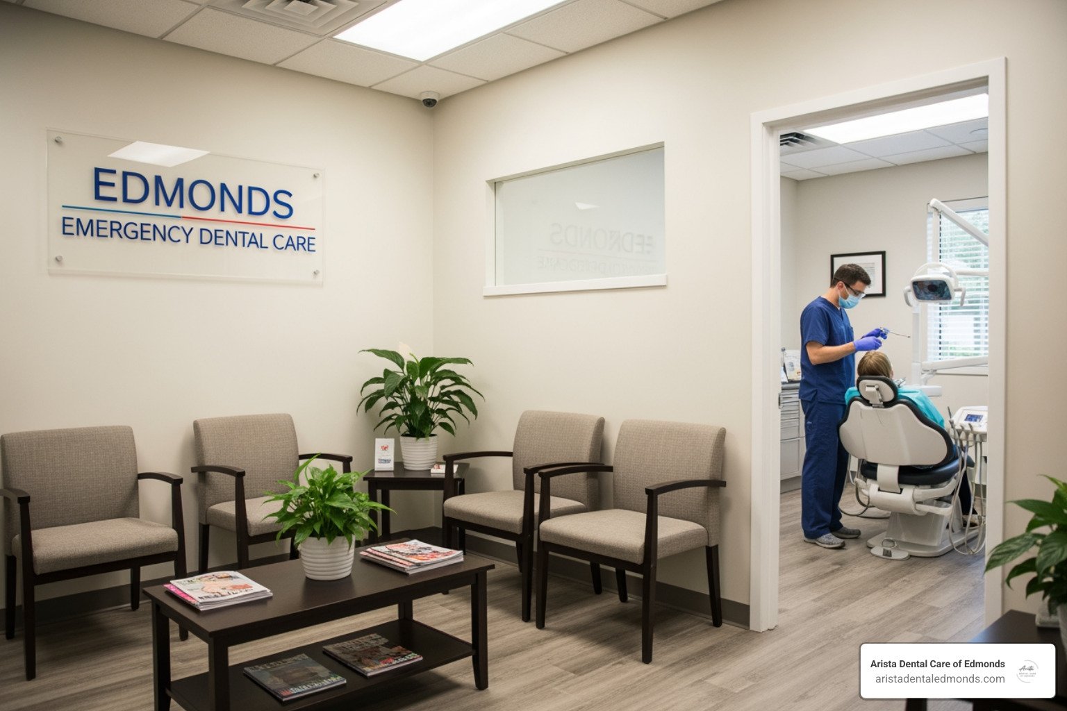 Edmonds Emergency Dental Care office with a dentist treating a patient, featuring modern dental equipment and a welcoming waiting area.