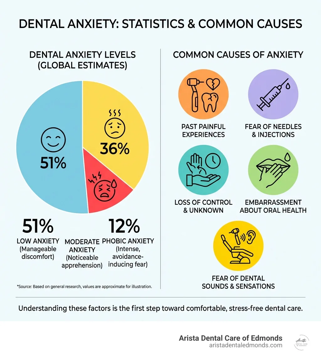 infographic showing dental anxiety statistics and common causes - comfortable dental visits infographic 