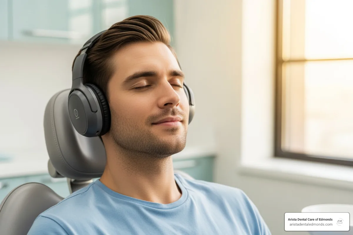 patient in dental chair calmly listening to music with headphones - comfortable dental visits
