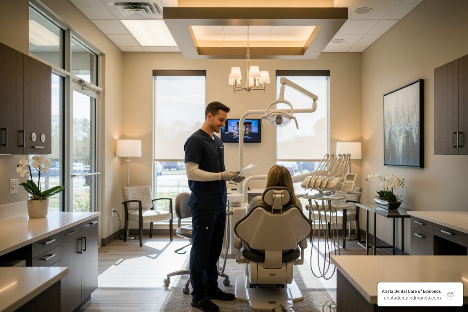 Dental professional consulting with a patient in a modern dental office, emphasizing family-friendly care and advanced technology in Edmonds, Washington.