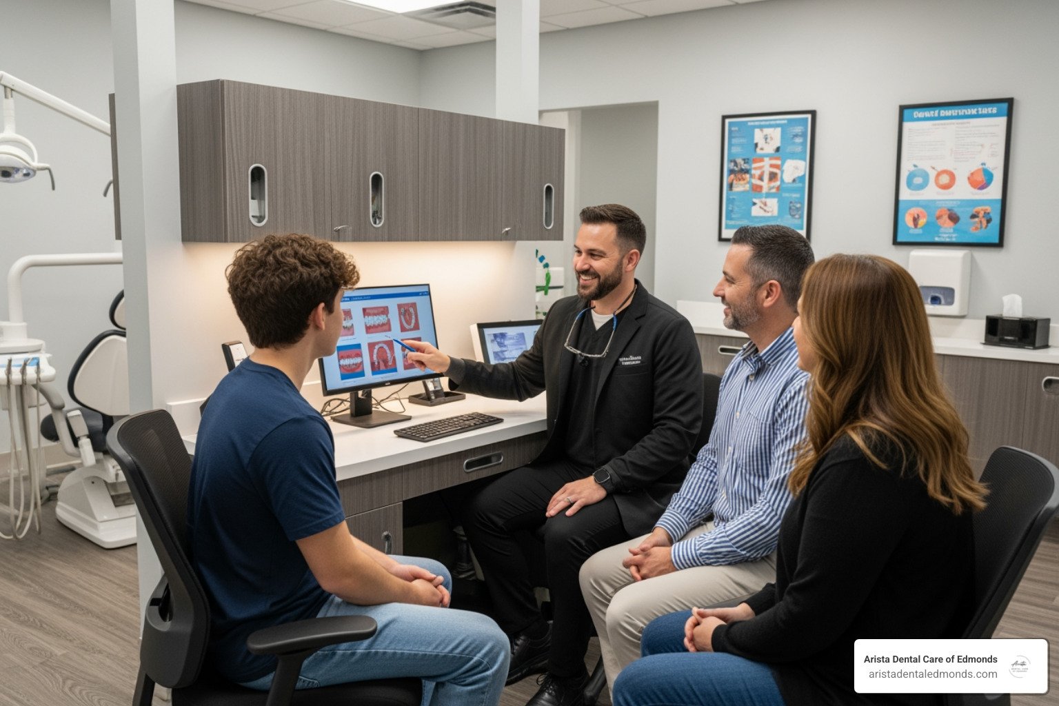 Orthodontic consultation scene with a smiling orthodontist discussing treatment options with a young patient and family, displaying dental images on a computer screen in a modern dental office.
