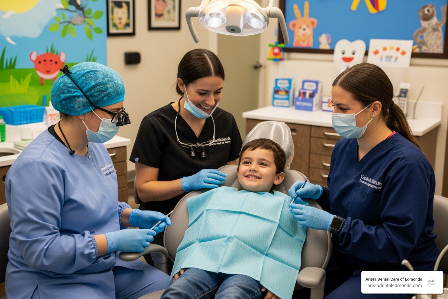 Child in dental chair smiling with two pediatric dentists and a dental assistant in a colorful, child-friendly dental office, emphasizing pediatric dental care in Edmonds.