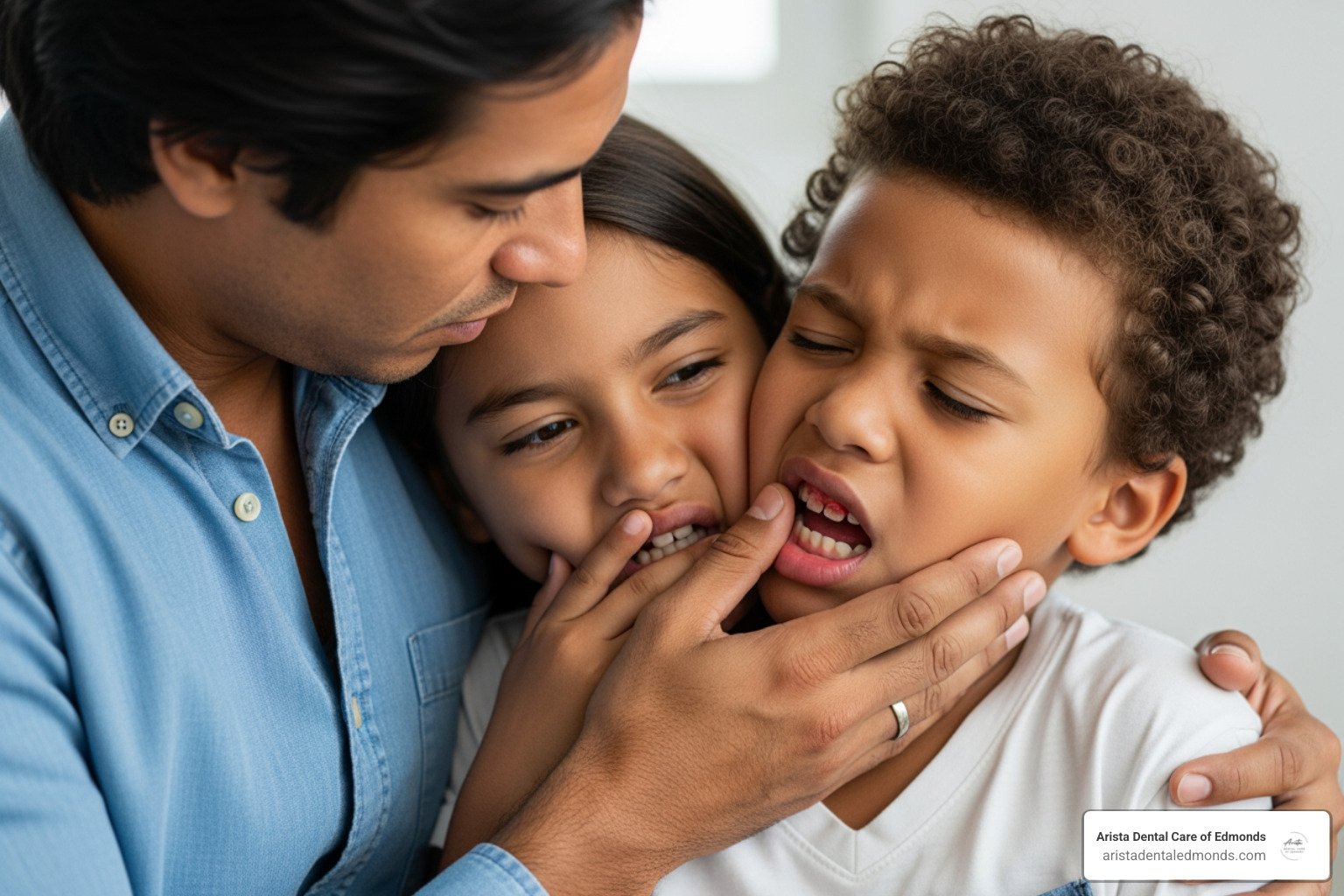 Father comforting two children, one showing signs of dental pain, emphasizing the importance of knowing how to handle kids' dental emergencies.