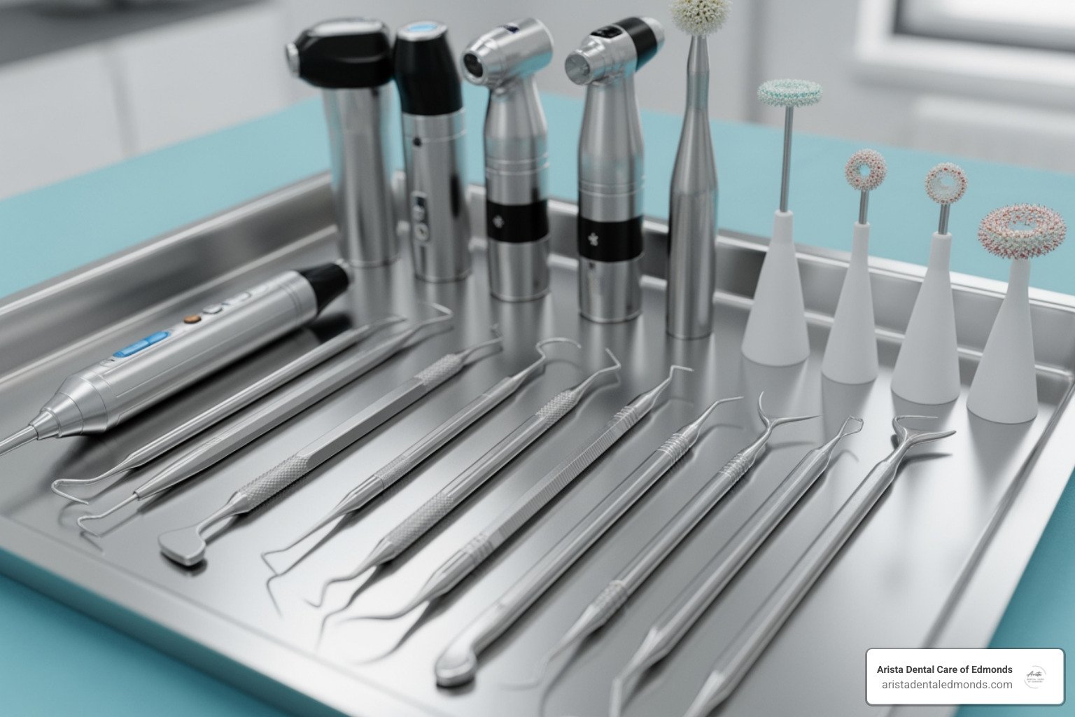 Dental cleaning tools and instruments arranged on a stainless steel tray, showcasing equipment used for gentle dental cleanings and examinations at Arista Dental Care of Edmonds.
