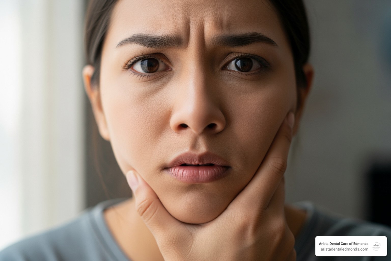 Woman expressing anxiety about dental health, illustrating odontophobia and fear of dental treatment, relevant to Arista Dental Care's focus on overcoming dental anxiety.