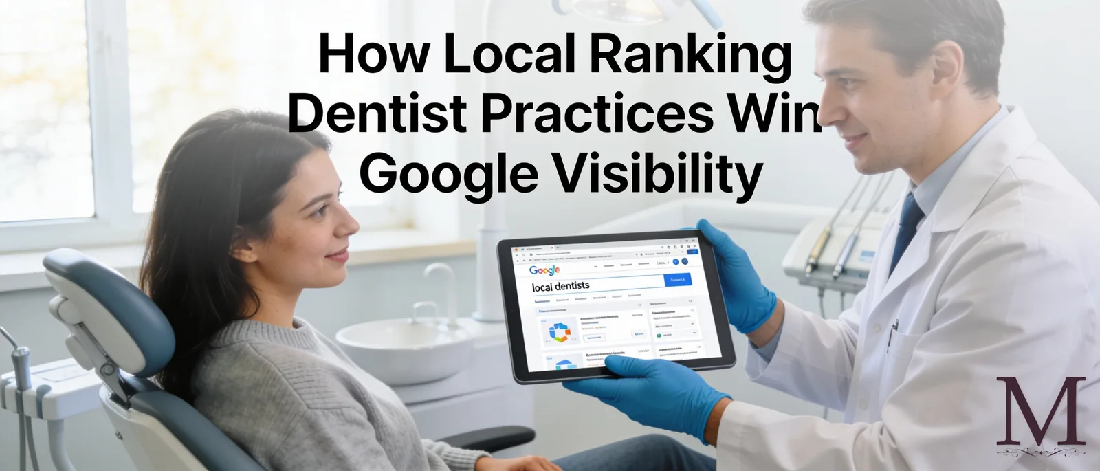 Google ranks dental practices using relevance, proximity, and prominence signals that include reviews, content