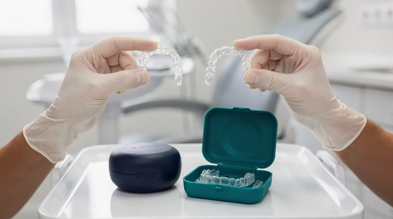 Clear aligner trays and case, Invisalign and SureSmile options for teeth straightening.